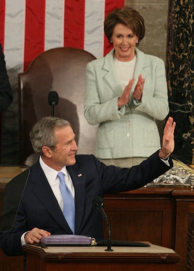 Nancy Pelosi looks on as President George W. Bush delivers the State of the Union address. <a href="https://www.gettyimages.com/detail/news-photo/january-2000-credit-rich-lipski-twp-washington-dc-president-news-photo/104570328?phrase=pelosi&adppopup=true" rel="nofollow noopener" target="_blank" data-ylk="slk:Rich Lipski/The The Washington Post via Getty Images;elm:context_link;itc:0;sec:content-canvas" class="link ">Rich Lipski/The The Washington Post via Getty Images</a>