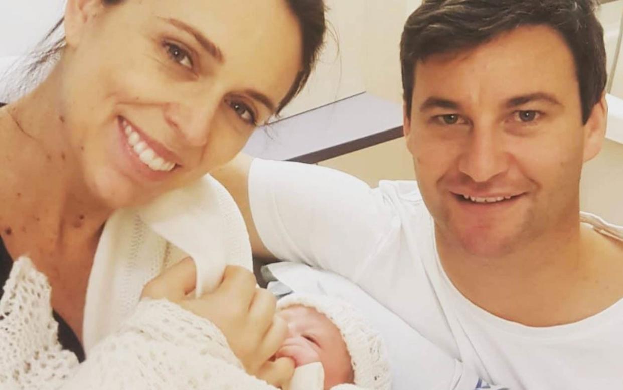 Jacinda Ardern with her partner Clarke Gayford and their newborn baby in a picture posted online - Instagram