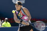 Jessica Pegula hits a return during her straight sets win over Yulia Putintseva during the National Bank Open tennis action tournament in Toronto, Friday, Aug. 12, 2022. (Chris Young/The Canadian Press via AP)