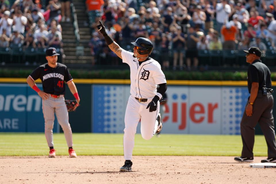 Detroit Tigers shortstop Javier Báez celebrates after hitting a home run during the game against the Minnesota Twins at Comerica Park on April 14, 2024, in Detroit, Michigan.