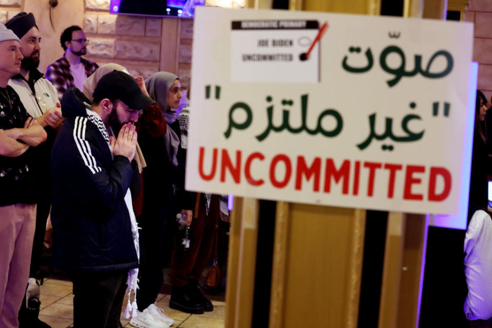 Attendees listen to speeches during an "Uncommitted for Joe Biden" primary election night watch party on February 27, 2024, in Dearborn, Michigan. (Photo by Kevin Dietsch/Getty Images)