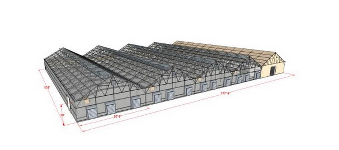 A site plan of the hydroponics-and-fish-farm shows four greenhouse buildings for plants, with one building, shown in yellow on the far right, for aquaculture.