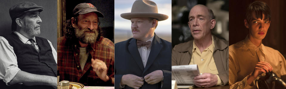 This combination photo shows Oscar nominees for best supporting actor, from left, Ciarán Hinds in "Belfast," Troy Kotsur in "CODA," Jesse Plemons in "The Power of the Dog," J.K. Simmons in "Being the Ricardos," and Kodi Smit-McPhee in "The Power of the Dog." (Focus Features/Apple/Netflix/Amazon/Netflix via AP)