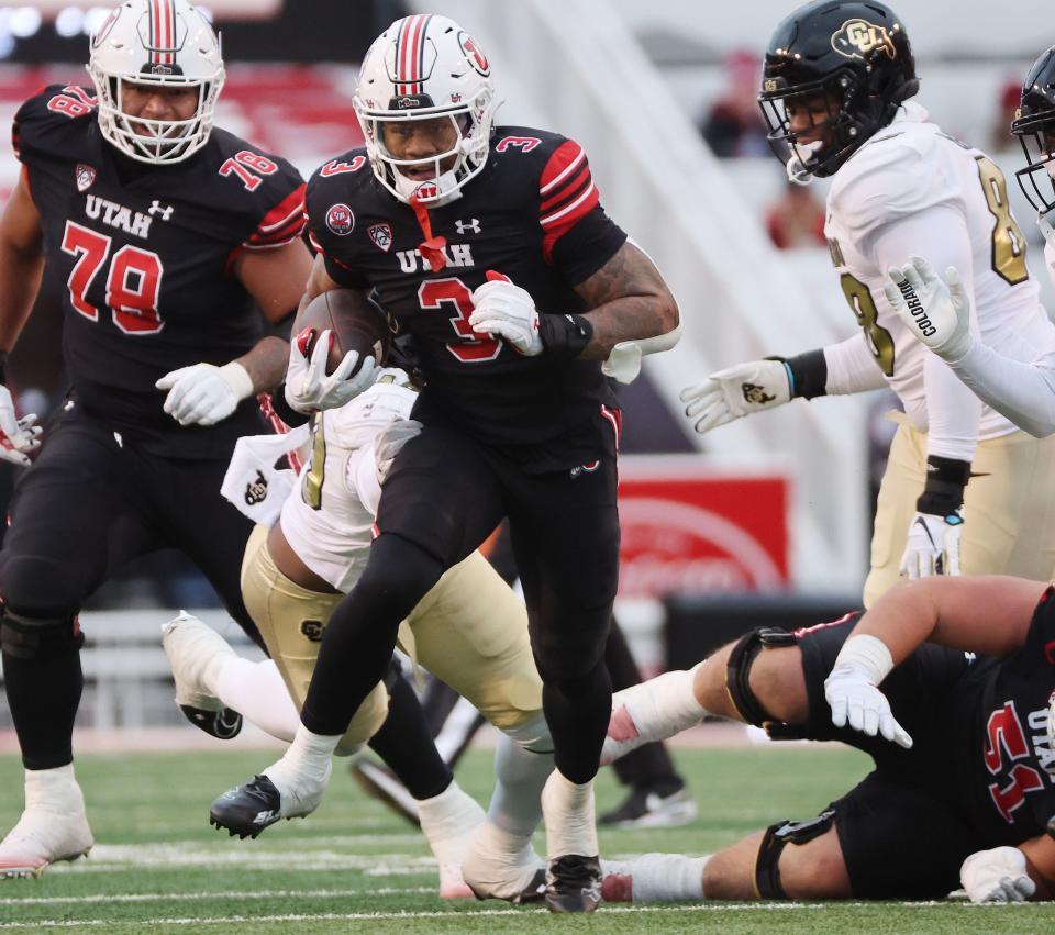 Utah Utes running back Ja’Quinden Jackson (3) runs against the Colorado Buffaloes in Salt Lake City on Saturday, Nov. 25, 2023. Utah won 23-17. | Jeffrey D. Allred, Deseret News