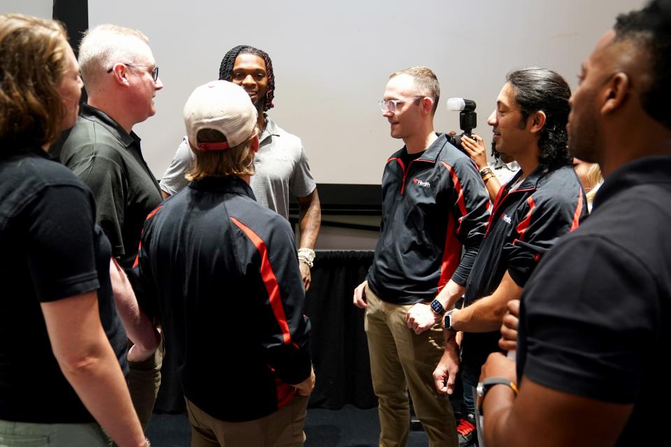Buffalo Bills safety Damar Hamlin speaks with the UCMC trauma team following a hands-only CPR training event as part of the Chasing M’s Foundation CPR tour, Saturday, July 22, 2023, at Tangeman University Center on the campus of the University of Cincinnati in Cincinnati. Hamlin suffered a sudden cardiac arrest during a Monday Night Football in January in Cincinnati, as was treated at UCMC by the trauma team.