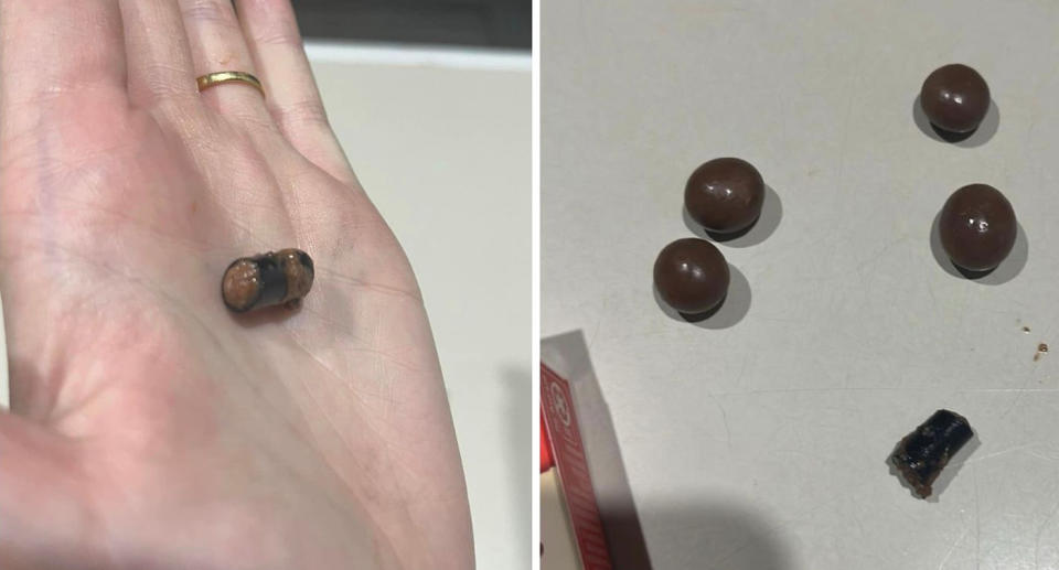 Hard plastic in woman's hand (left) and the sultanas and the piece of hard plastic on a table (right).