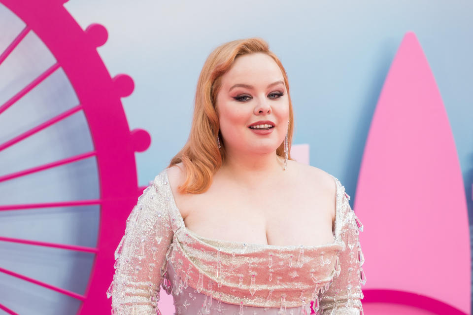 Close-up of Nicola on the pink carpet