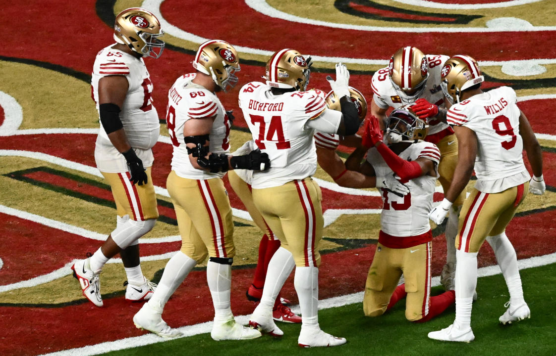 San Francisco 49ers' wide reciever #15 Jauan Jennings celebrates scoring a touchdown during Super Bowl LVIII between the Kansas City Chiefs and the San Francisco 49ers at Allegiant Stadium in Las Vegas, Nevada, February 11, 2024. (Photo by Patrick T. Fallon / AFP) (Photo by PATRICK T. FALLON/AFP via Getty Images)