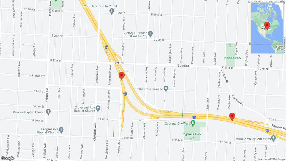 A detailed map that shows the affected road due to 'Warning: Crash on eastbound I-70 in Kansas City' on July 15th at 9:33 p.m.