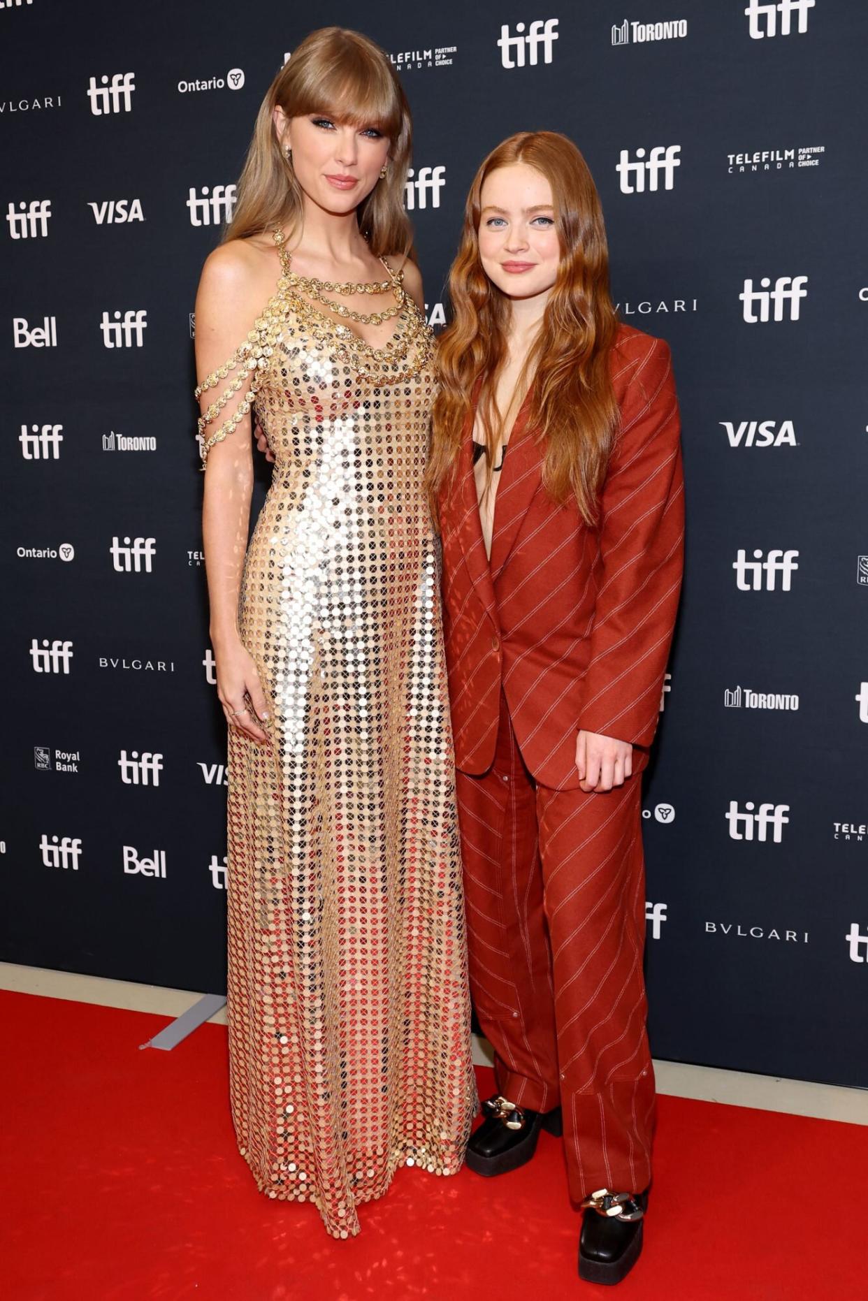TORONTO, ONTARIO - SEPTEMBER 09: (L-R) Taylor Swift and Sadie Sink attend 'In Conversation With... Taylor Swift' during the 2022 Toronto International Film Festival at TIFF Bell Lightbox on September 09, 2022 in Toronto, Ontario. (Photo by Amy Sussman/Getty Images)