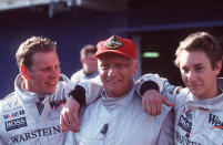 Lauda with his sons Lukas and Mathias, at the Circuit de Barcelona-Catalunya, Spain, 7th February 1999. (Photo by Tobias Heyer/Bongarts/Getty Images)