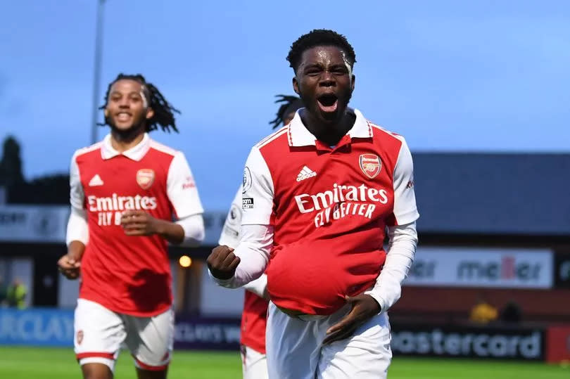 Nathan Butler-Oyedeji celebrates scoring for Arsenal -Credit:David Price/Arsenal FC via Getty Images