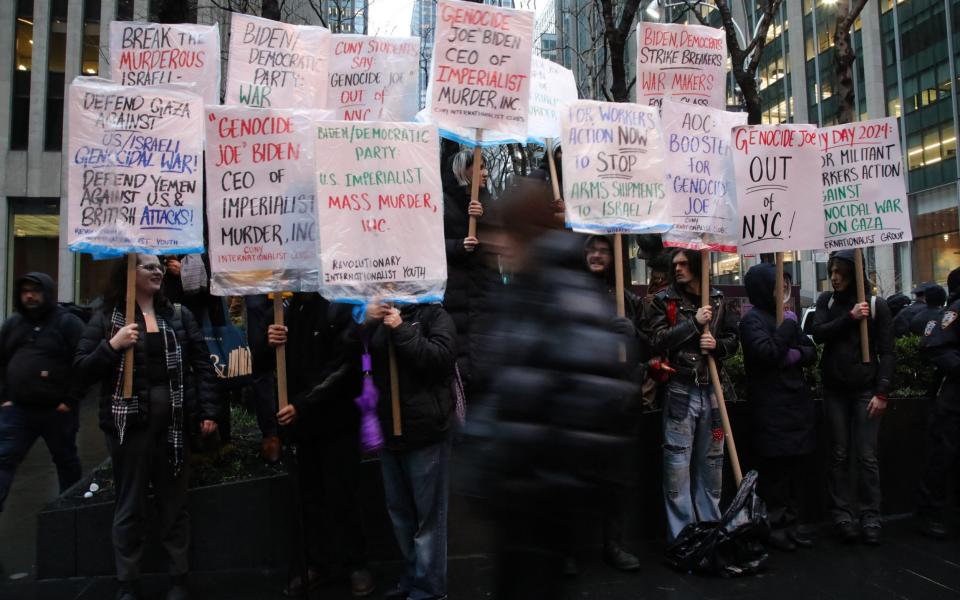 Pro-Palestinian demonstrators gather for the 'Flood Manhattan for Gaza' rally outside Radio City Music Hall