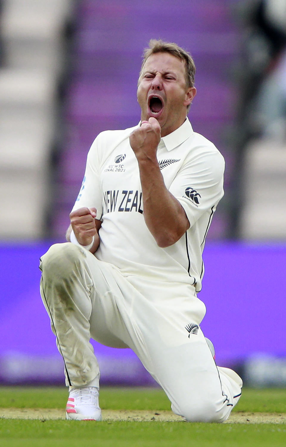 New Zealand's Neil Wagner celebrates the dismissal of India's Shubman Gill during the second day of the World Test Championship final cricket match between New Zealand and India, at the Rose Bowl in Southampton, England, Saturday, June 19, 2021. (AP Photo/Ian Walton)