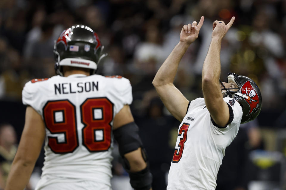 Tampa Bay Buccaneers place kicker Ryan Succop celebrates after a field goal against the New Orleans Saints during the first half of an NFL football game in New Orleans, Sunday, Sept. 18, 2022. (AP Photo/Butch Dill)