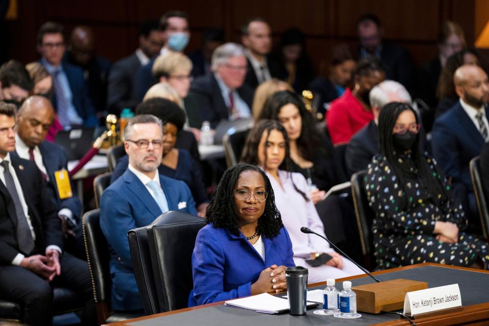 Supreme Court nominee Ketanji Brown Jackson listens to opening statements during her confirmation hearing before the Senate Judiciary Committee, Monday, March 21, 2022, in Washington.