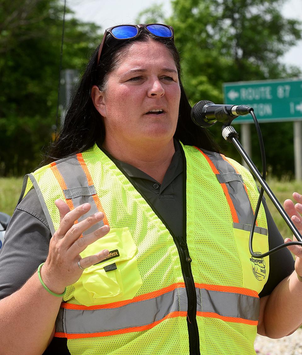 Rocheport Bridge Construction Site Project Director Brandi Baldwin talks to members of the media on Thursday before giving a tour of the bridge construction area. The project is on schedule after some slowdowns because of low river water and foul weather.