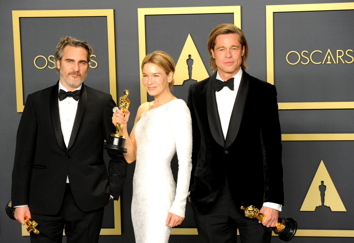 HOLLYWOOD, CA - FEBRUARY 09:  Joaquin Phoenix, Renée Zellweger and Brad Pitt pose inside The Press Room of the 92nd Annual Academy Awards held at Hollywood and Highland on February 9, 2020 in Hollywood, California.  (Photo by Albert L. Ortega/Getty Images)