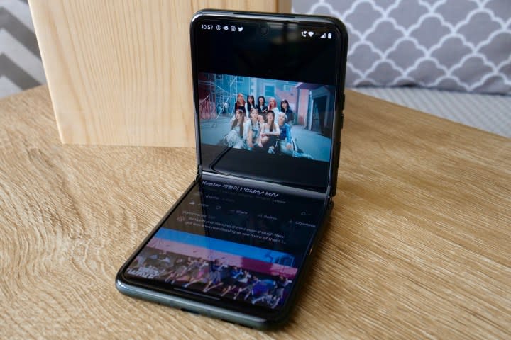 A video playing on the Motorola Razr 40's half open screen.