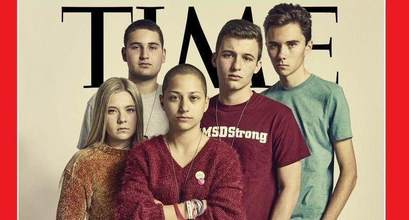Jaclyn Corin, Alex Wind, Emma González, Cameron Kasky and David Hogg on the cover of <em>Time</em>. (Photo: Time)