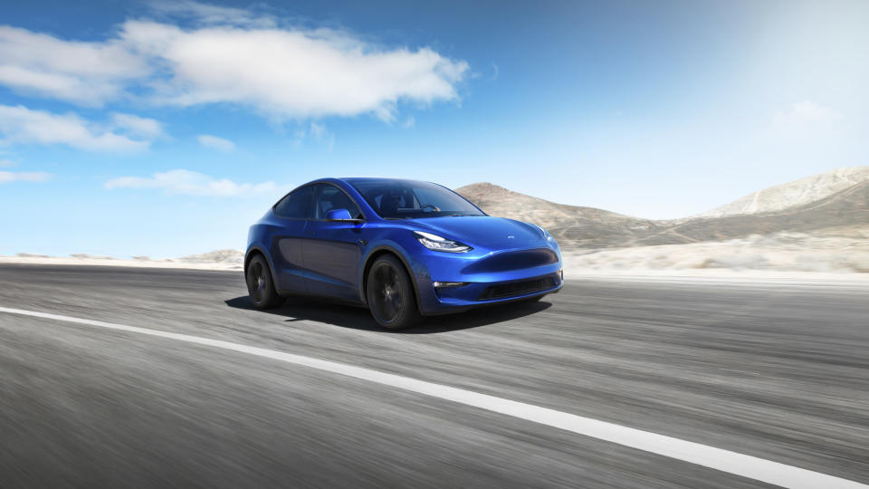 A blue Tesla Model Y