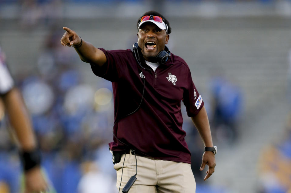 Texas A&M head coach Kevin Sumlin is seen against UCLA during an NCAA college football game, Sunday, Sept. 3, 2017, in Pasadena, Calif. UCLA won 45-44. (AP Photo/Danny Moloshok)