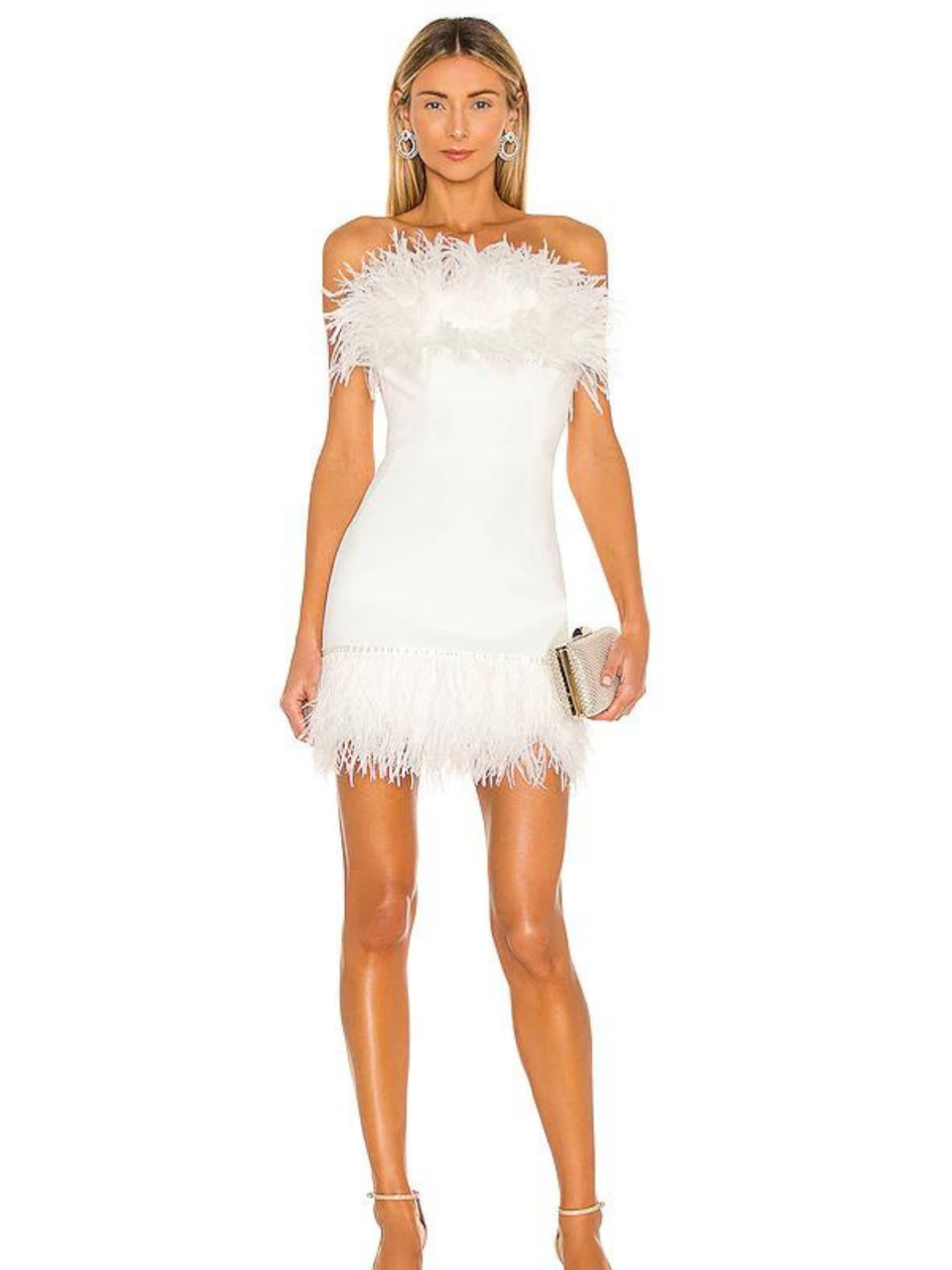 Model wearing Lola Blanc Mini Feather Dress from Revolve