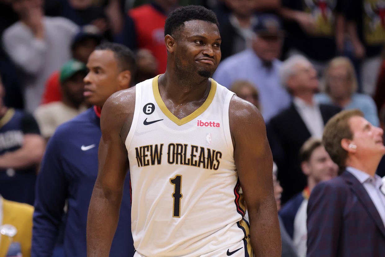 NEW ORLEANS, LOUISIANA - NOVEMBER 28: Zion Williamson #1 of the New Orleans Pelicans celebrates during the second half against the Oklahoma City Thunder at Smoothie King Center on November 28, 2022 in New Orleans, Louisiana. NOTE TO USER: User expressly acknowledges and agrees that, by downloading and or using this Photograph, user is consenting to the terms and conditions of the Getty Images License Agreement. (Photo by Jonathan Bachman/Getty Images)