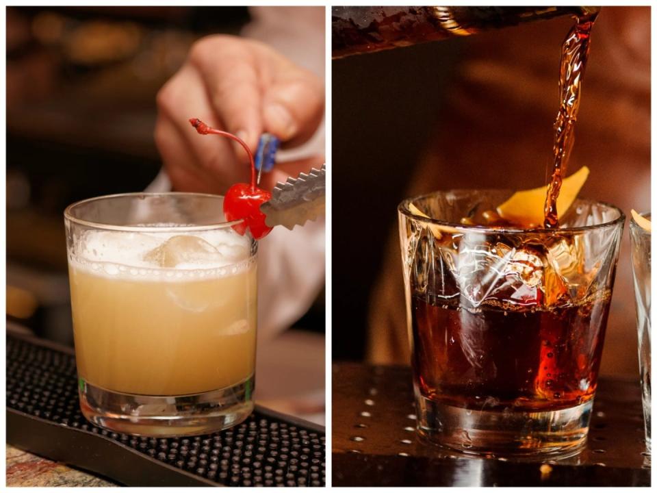 A composite image of a whisky sour and an old-fashioned.