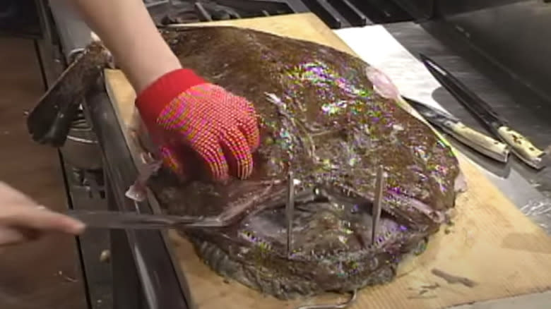 person carving a monkfish