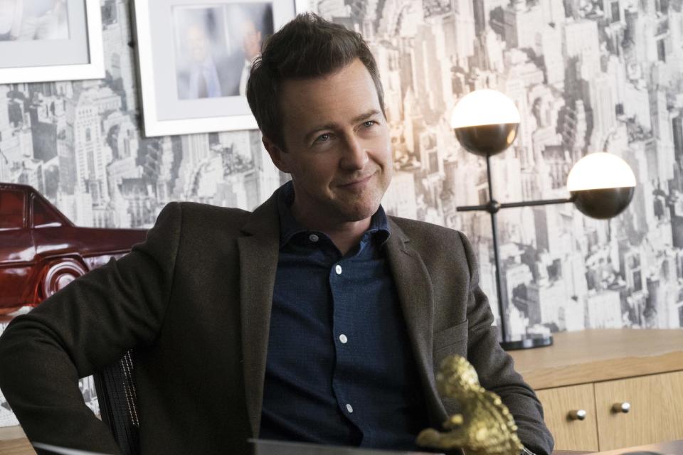 This image released by Warner Bros. Pictures shows Edward Norton in a scene from "Collateral Beauty." (Barry Wetcher/Warner Bros. via AP)