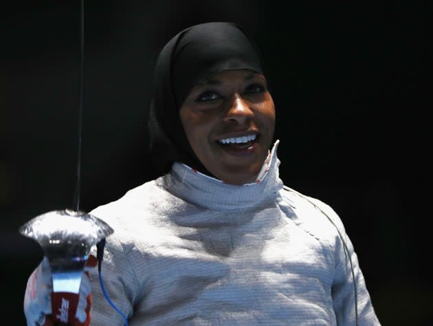 American fencer Ibtihaj Muhammad wears her hijab during the Rio Olympics. (Getty Images)