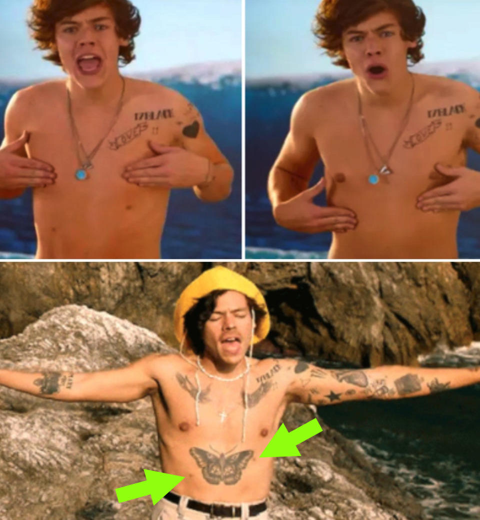 Three shirtless photos of Harry Styles that show he has two 'regular' nipples, and then two lower down on his chest