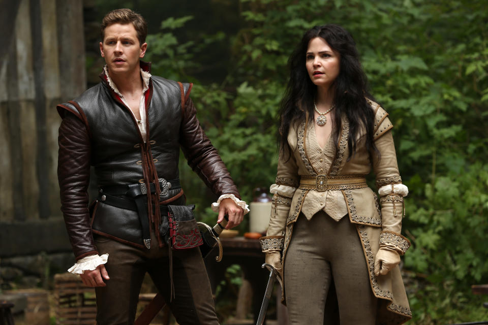 This image released by ABC shows Josh Dallas, left, and Ginnifer Goodwin in a scene from "Once Upon a Time." The actors, who play Snow White and Prince Charming on the show, are expecting their first child together. Goodwin’s representative confirmed the news, first reported by People magazine, on Wednesday, Nov. 20, 2013. No other details were available. The couple became engaged last month (ABC/Jack Rowand)