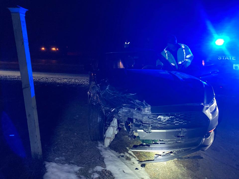 Two Michigan State troopers injured during a traffic incident after a driver struck their patrol vehicle near Stanton, Michigan, on Thursday, Nov. 24, 2022