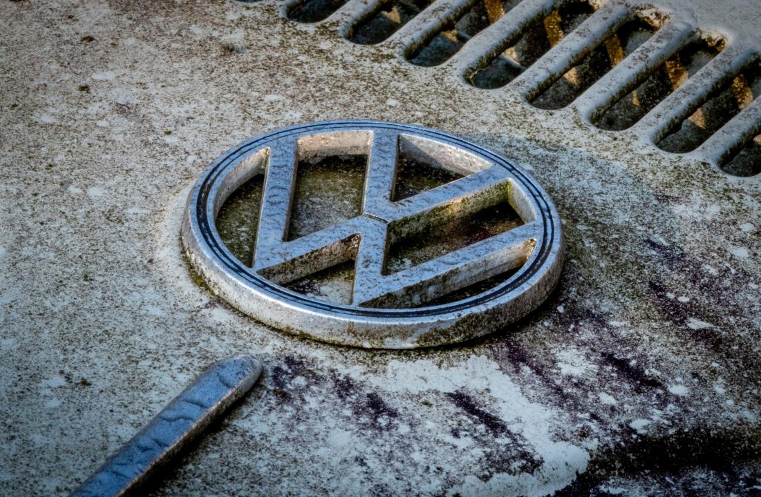 The logo of an old and wrecked Volkswagen Beatle car is pictured in Bad Vilbel near Frankfurt, Germany, Thursday, Sept. 19, 2024. (AP Photo/Michael Probst)