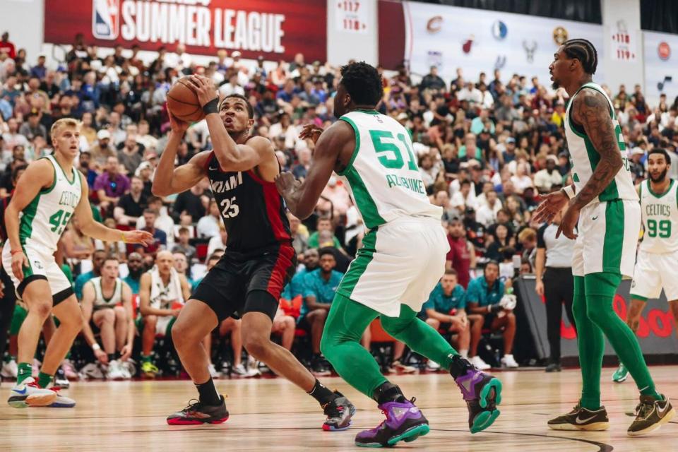 Miami Heat center Orlando Robinson looks to shoot as Boston Celtics center Udoka Azubuike guards him during an NBA Summer League basketball game on July 8, 2023, at the Thomas & Mack Center in Las Vegas.