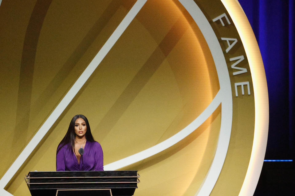 Vanessa Bryant speaks on behalf of Class of 2020 inductee, Kobe Bryant during the 2021 Basketball Hall of Fame Enshrinement Ceremony at Mohegan Sun Arena on May 15, 2021 in Uncasville, Connecticut. Kobe Bryant tragically died in a California helicopter crash on Jan 26, 2020. (Photo by Maddie Meyer/Getty Images)