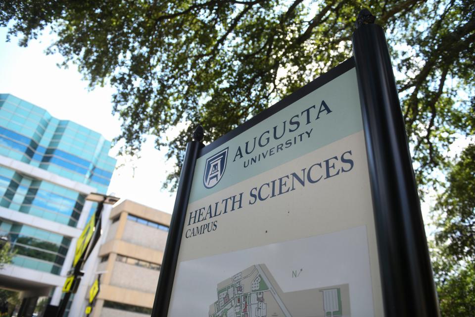 FILE - An Augusta University campus map sits off Laney Walker Boulevard on June 27, 2023. The campus will be getting a new parking deck in coming years.