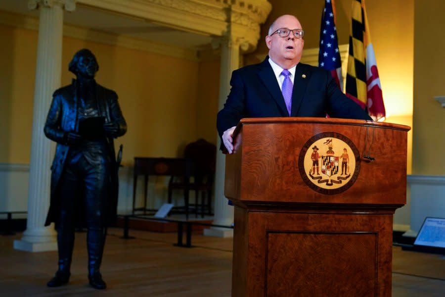 Former Maryland Gov. Larry Hogan rehearses his farewell speech moments before reciting it over a video feed Jan. 10 in Annapolis, Md. (AP Photo/Julio Cortez)