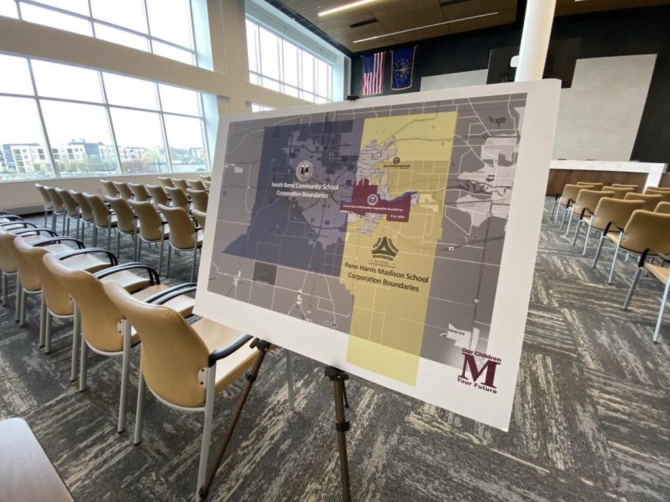 A map shows the School City of Mishawaka district boundaries compared to neighboring South Bend and Penn-Harris-Madison schools. Supporters of the Our Children Your Future political action committee presented the map in a town hall Wednesday, April 19, 2023, at Mishawaka City Hall.