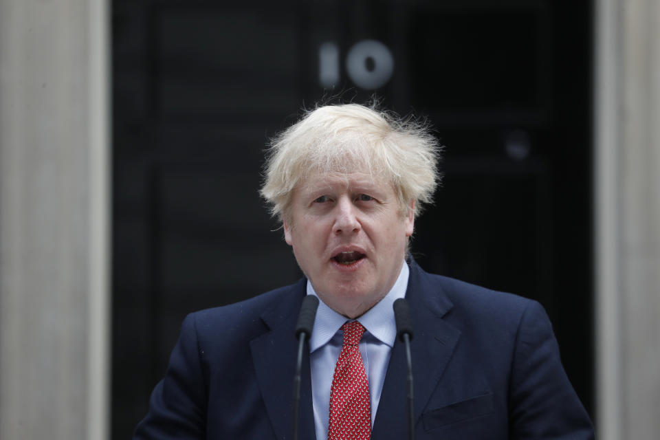 British Prime Minister Boris Johnson makes a statement on his first day back at work in Downing Street, London, after recovering from a bout with the coronavirus that put him in intensive care, Monday, April 27, 2020. The highly contagious COVID-19 coronavirus has impacted on nations around the globe, many imposing self isolation and exercising social distancing when people move from their homes. (AP Photo/Frank Augstein)