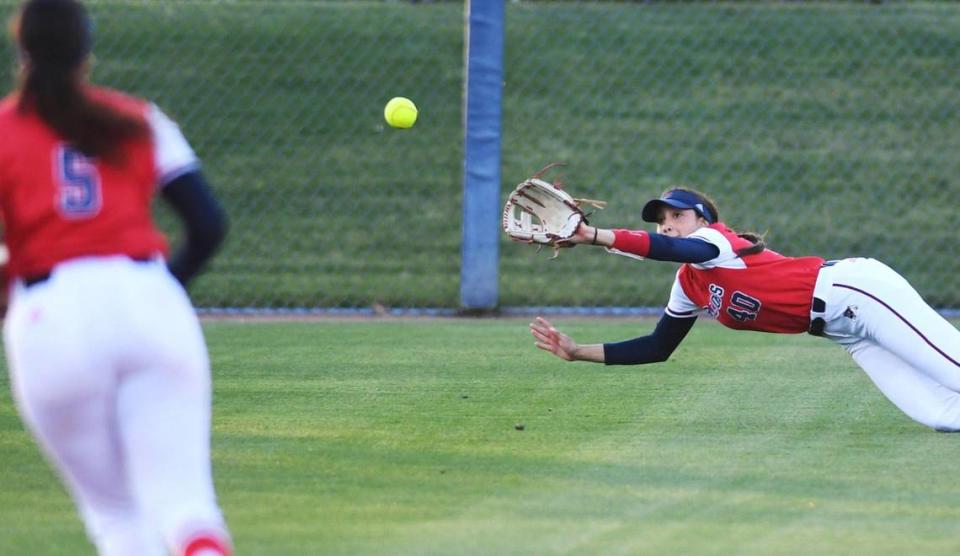 Fresno State’s Taryn Irigoyen makes the catch for Nevada’s 3rd out in the 5th inning Friday, April 21, 2023 in Fresno.