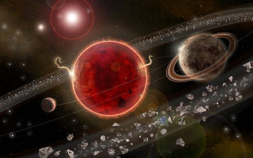 <span class="caption">An artist’s rendering of Proxima Centauri planetary system. The newly discovered exoplanet Proxima c is on the right. </span> <span class="attribution"><span class="source"> Lorenzo Santinelli</span>, <a class="link " href="http://creativecommons.org/licenses/by-sa/4.0/" rel="nofollow noopener" target="_blank" data-ylk="slk:CC BY-SA;elm:context_link;itc:0;sec:content-canvas">CC BY-SA</a></span>