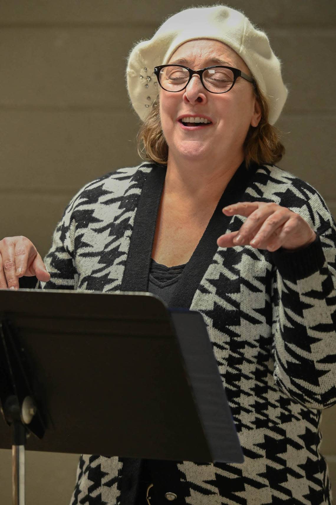 Karyn Czar, an anchor and reporter and Lexington stage performer, is slated to be the emcee and one of the featured performers in “On My Way,” a program of songs by female composers presented by the Lexington Theatre Company Feb. 18, 2023 at First United Methodist Church of Lexington. She is shown is rehearsal at First United Methodist on Feb. 11, 2023 with director Brance Cornelius and music director Nathaniel Beliveau.