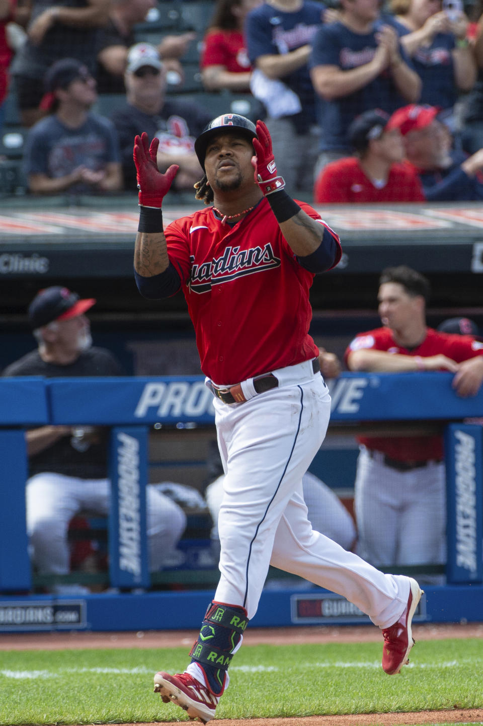 Cleveland Guardians' Jose Ramirez celebrates after hitting a solo home run off Texas Rangers starting pitcher Cody Bradford during the fourth inning of a baseball game in Cleveland, Sunday, Sept. 17, 2023. (AP Photo/Phil Long)