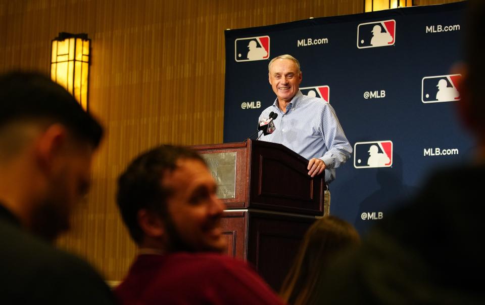 February 15, 2023; Phoenix, Ariz; USA; MLB Commissioner Rob Manfred speaks to the press during a Cactus League media day at the Arizona Biltmore.