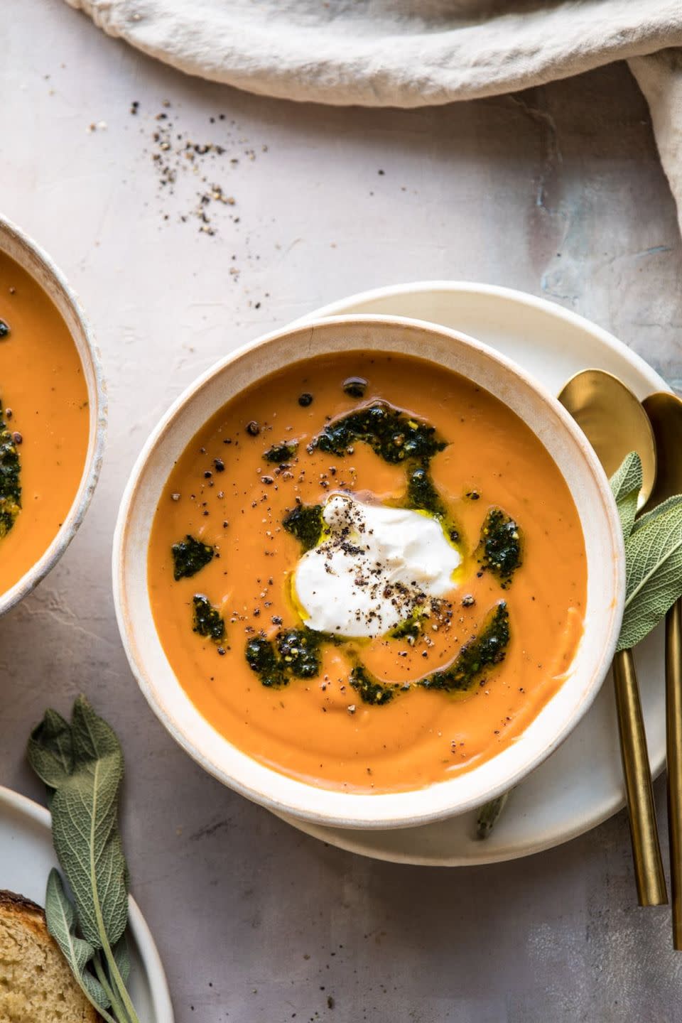 Golden Sweet Potato Soup With Burrata and Sage Pesto