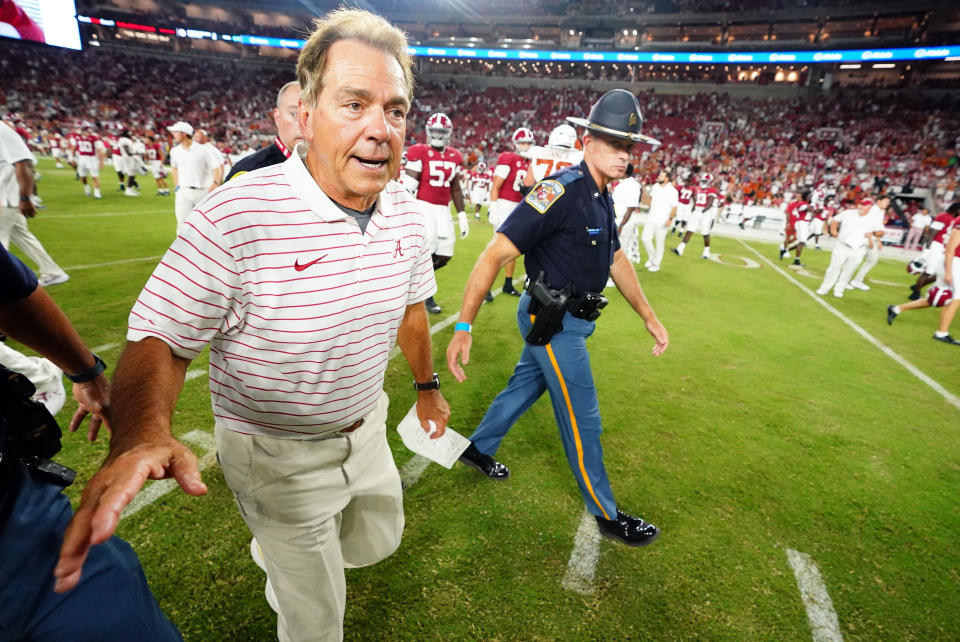 Alabama coach Nick Saban walks off the field following their 34-24 loss to the Texas Longhorns on Saturday. (John David Mercer-USA TODAY Sports)