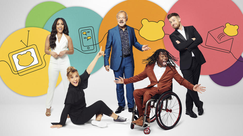 WARNING: Embargoed for publication until 00:00:01 on 04/11/2021 - Programme Name: BBC Children In Need 2021 - TX: 19/11/2021 - Episode: BBC Children In Need 2021 (No. 1) - Picture Shows:  Alex Scott, Mel Giedroyc, Graham Norton, Ade Adepitan, Chris Ramsey - (C) BBC - Photographer: Ray Burmiston